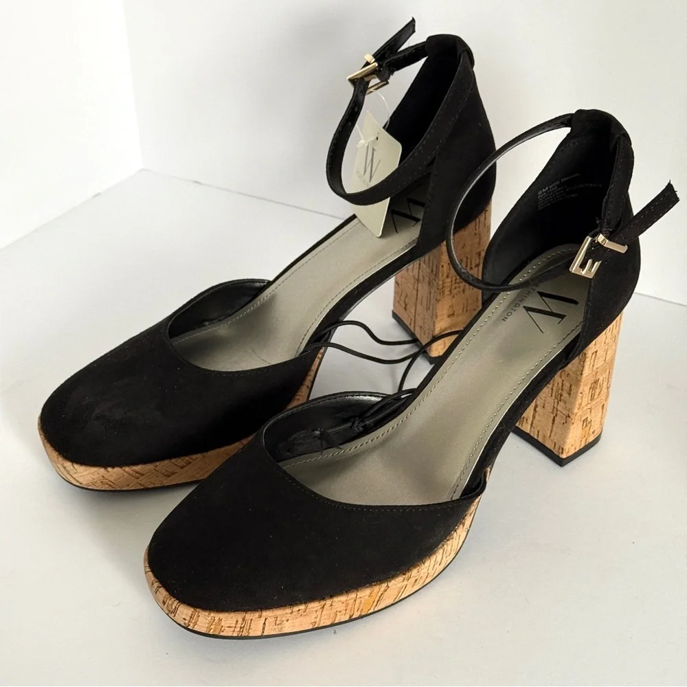 Worthington Woman’s Panama Block Heels in Black Faux Suede Cork Platform Size 9M